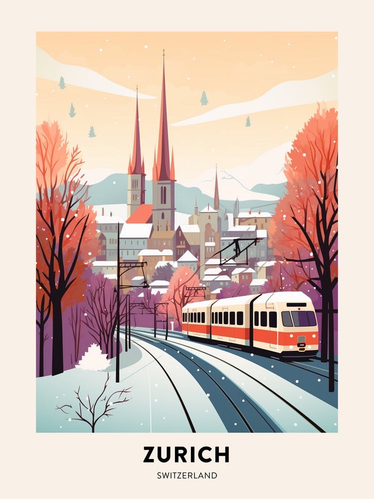 Vintage Winter Travel Poster Zurich Switzerland 3