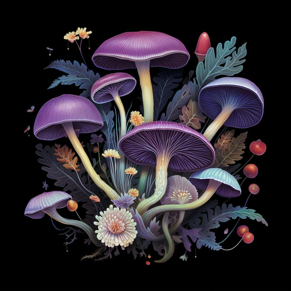 Amethyst-Lacktrichterlinge nach Einbruch der Dunkelheit - Pilzkunst-Druck - Pilzbotanischer Druck