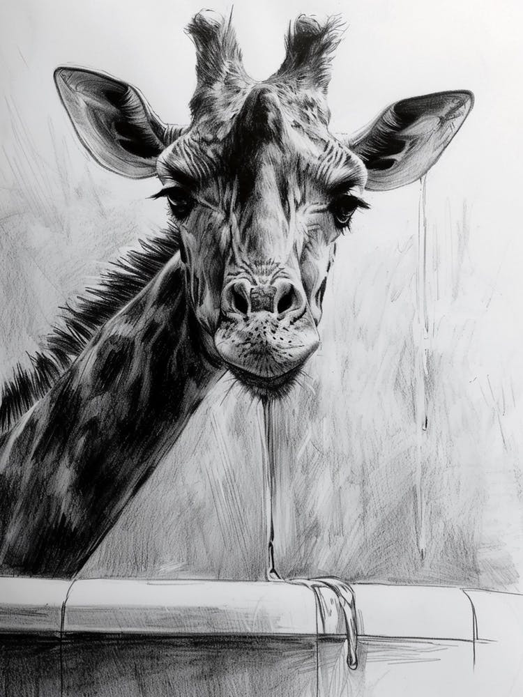 Giraffe In The Bath Pencil Drawing 2