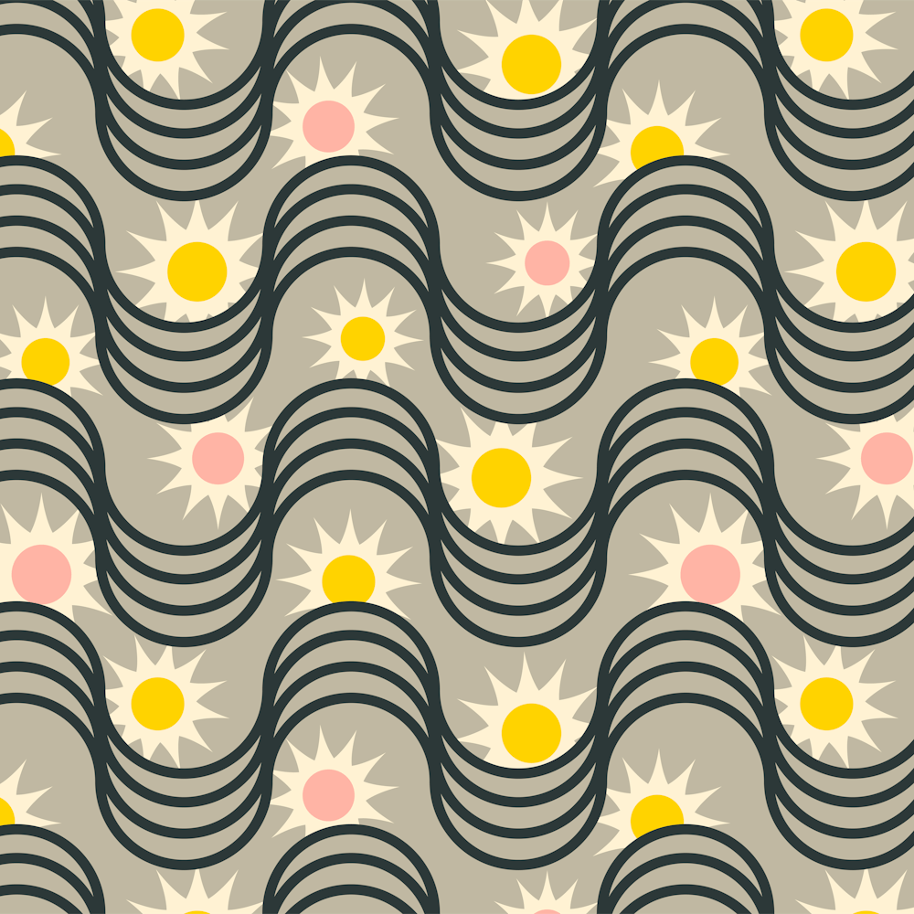 RISE AND SHINE Rising Sun Wavy Retro Mid-Century Modern Geometric Stripes in Pink Yellow Cream Black on Gray