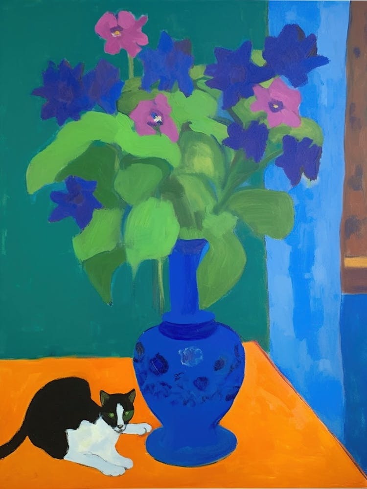 A Painting Of A Still Life Of A Delphinium With A Cat In The Style Of Matisse 1