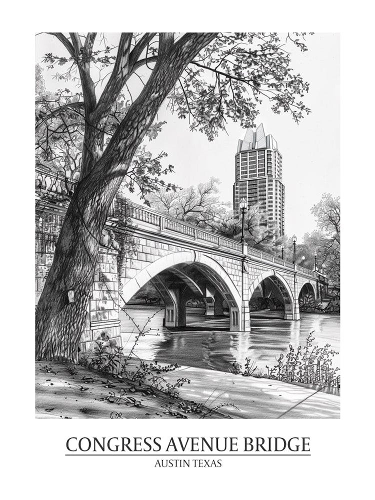 Congress Avenue Bridge Austin Texas Black And White Drawing 1 Poster
