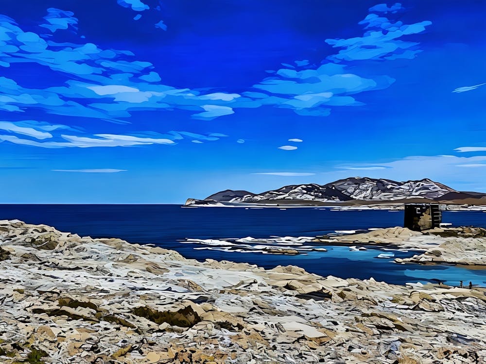 Rocky Coastal Landscape in Sardinia. A serene coastal landscape. The foreground features a rocky shoreline, with the ocean stretching out in the distance. A small, weathered stone tower stands on a rocky outcropping, adding a sense of history and mystery