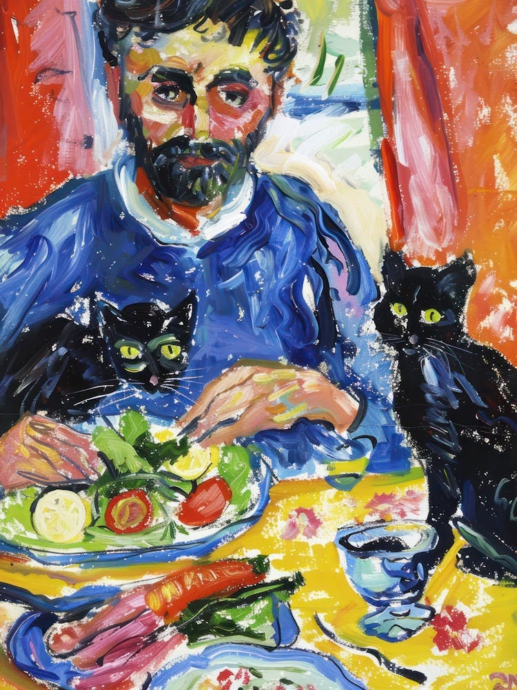 Portrait Of A Man With Cats Eating A Salad  3