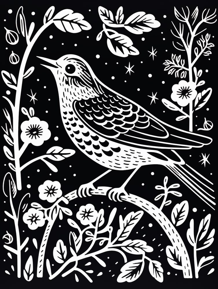 B&W Bird Linocut Hermit Thrush 2
