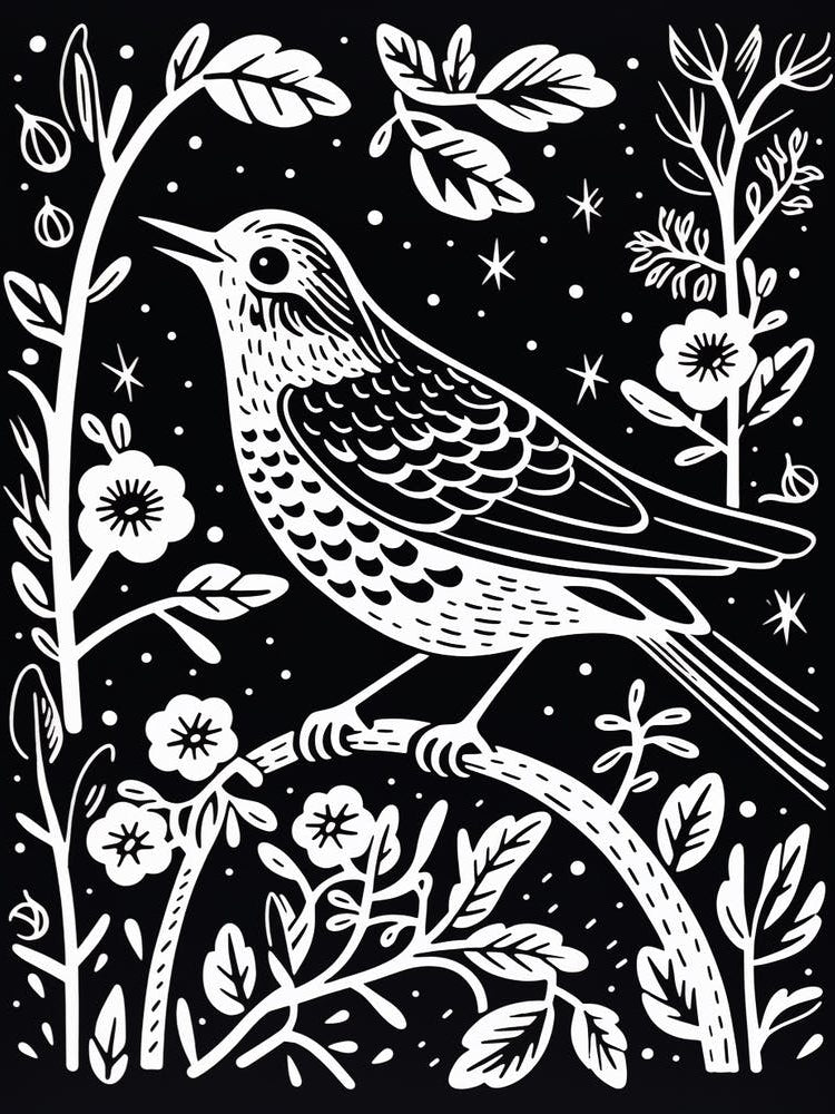 B&W Bird Linocut Hermit Thrush 2
