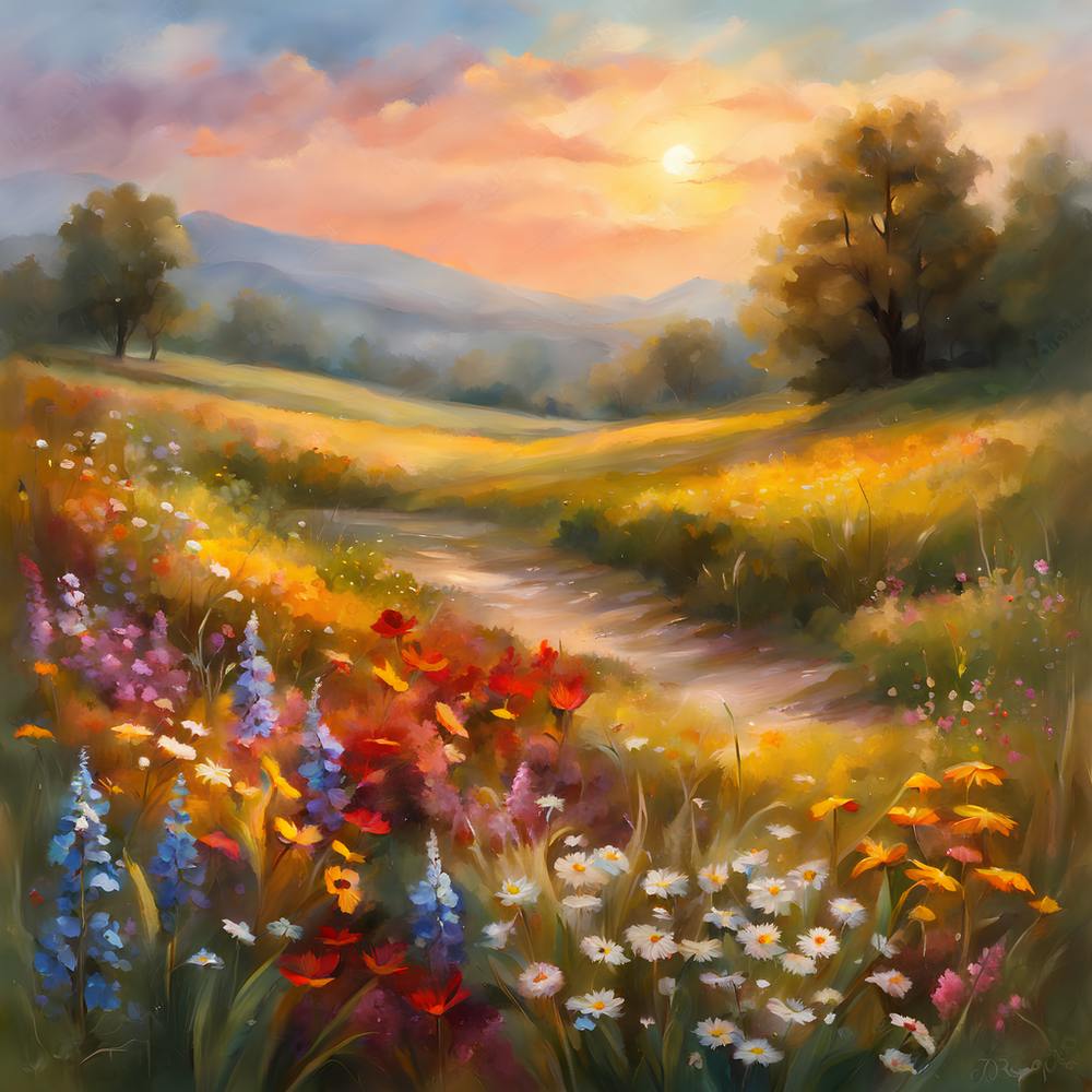 Printable Wildflower Field Landscape Oil Painting, Vintage Farm House, Country Field Landscape Oil Painting Printable 1