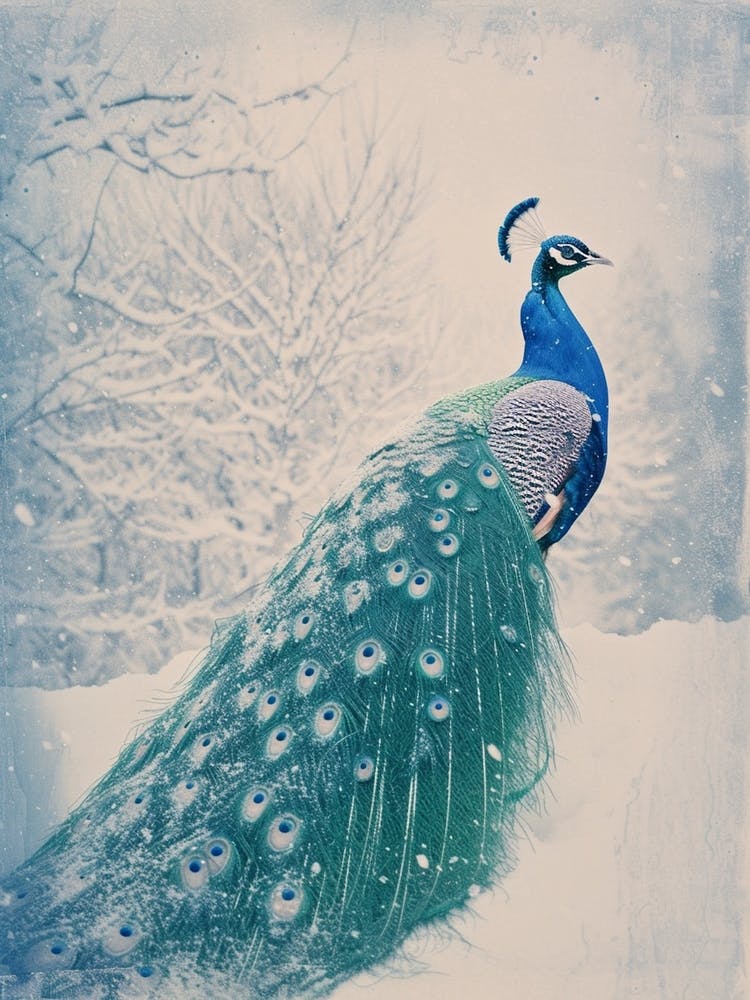 Vintage Peacock Snow Scene Blue 2