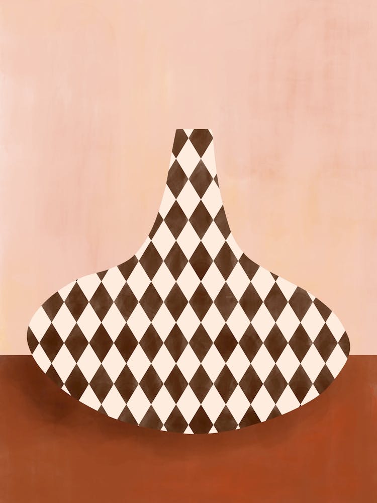 Beige & Brown Checkered Vase on Terracotta Background