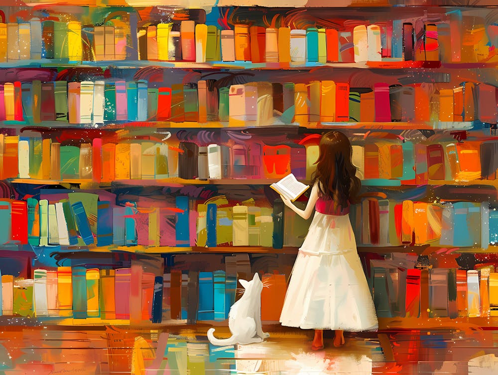 White Cat In The Library - Next To A Girl