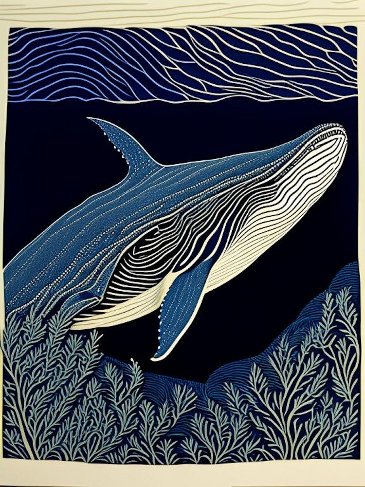 Whale And Coral Linocut