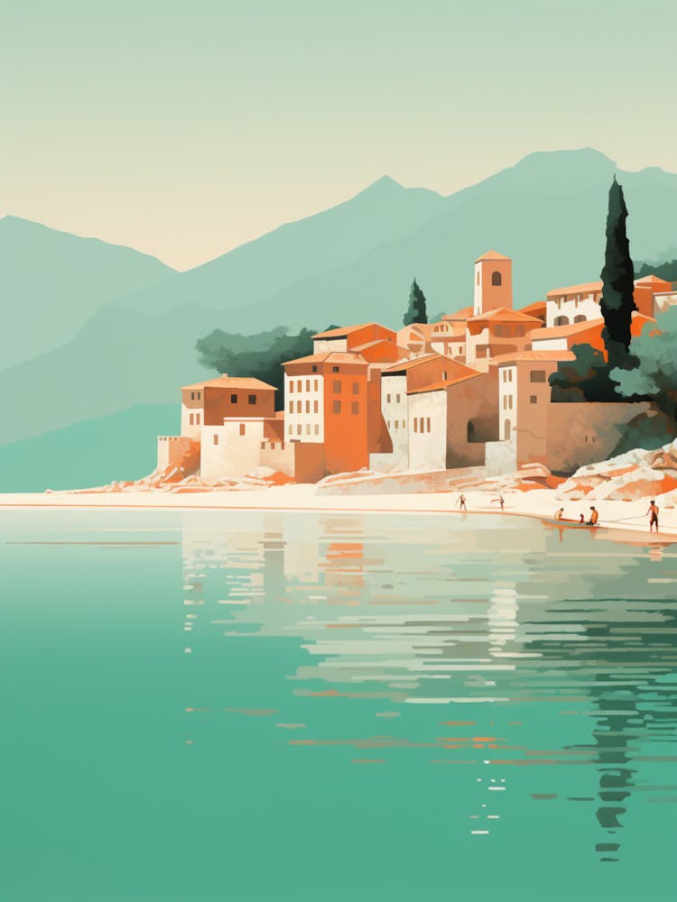 A Drawing Of Sveti Stefan Beach Montenegro Orange Tones 1