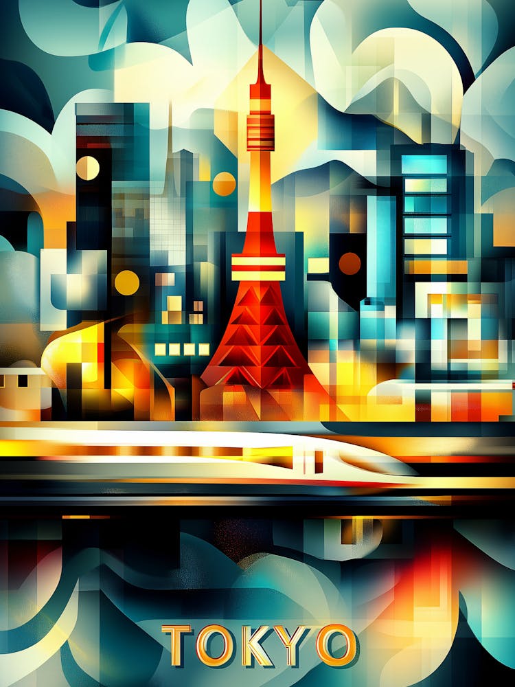 Tokyo Cubist Lights – Modern Geometric Cityscape Poster