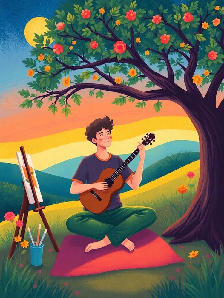 Man Playing Guitar Under An Apple Tree art print Serene Landscape Art
