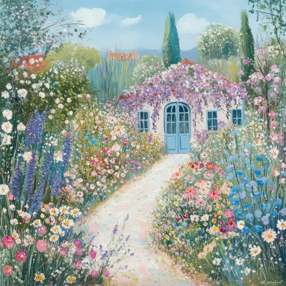 french garden scene with blooming flowers 2