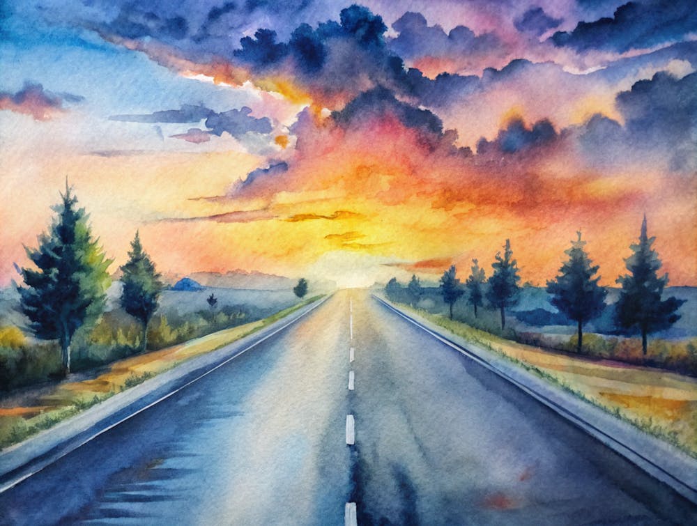 A Minimalist Roadscape With Vibrant Sunset Reflec