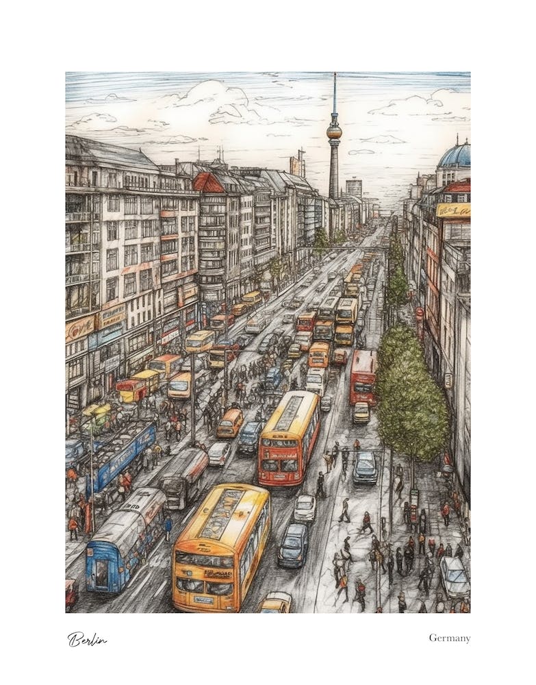 Berlin Germany Pencil Sketch 4 Watercolour Travel Poster