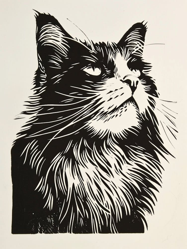 Norwegian Forest Cat Linocut Blockprint 4