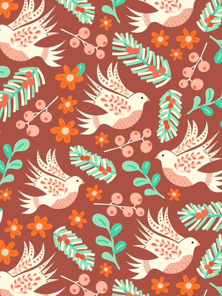 Folk Art Christmas White Doves and Winter Florals on Red