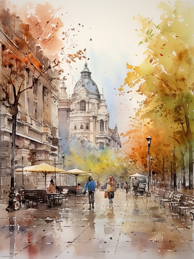 Bucharest Romania In Autumn Fall, Watercolour 4