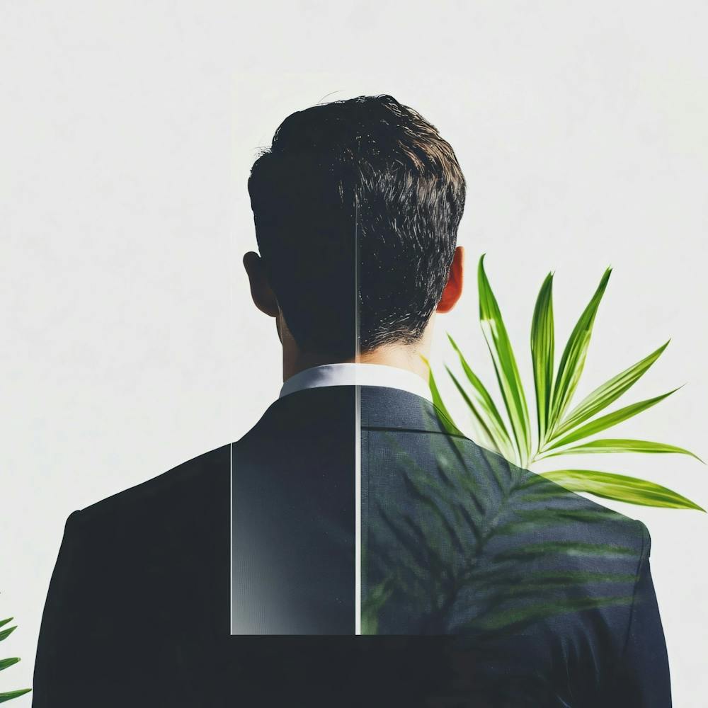 Homme d'Affaires avec Feuilles de Palmier