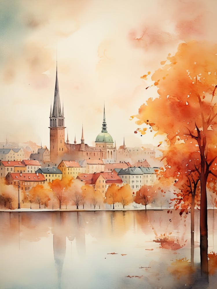 Stockholm Sweden In Autumn Fall, Watercolour 4