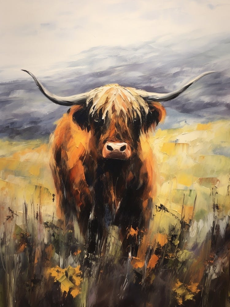 Impressionism Style Painting Of Highland Cow In The Valley 3