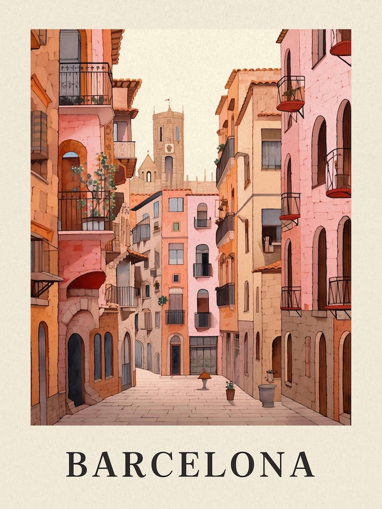Barcelona Spain 1 Vintage Pink Travel Illustration Poster