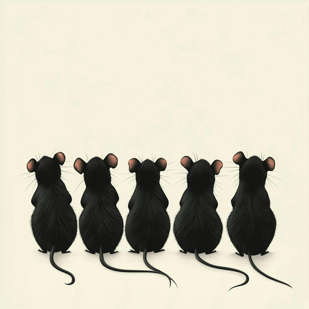 A Modern, Surreal Illustration Featuring A Raw Of Stylized Eight Black Rats With Catoonize Style 1