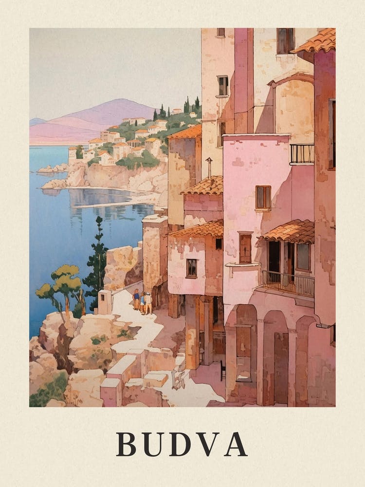 Budva Montenegro 3 Vintage Pink Travel Illustration Poster
