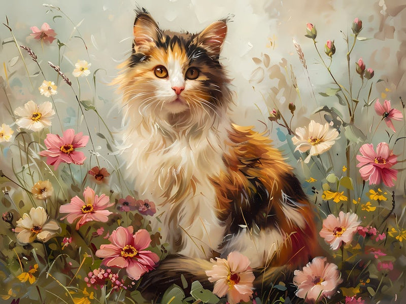 Calico Cat In Flowers 1