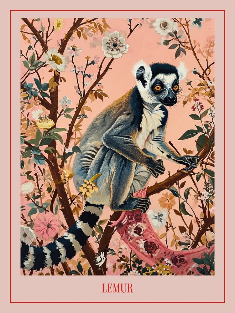 Floral Animal Painting Lemur 1 Poster