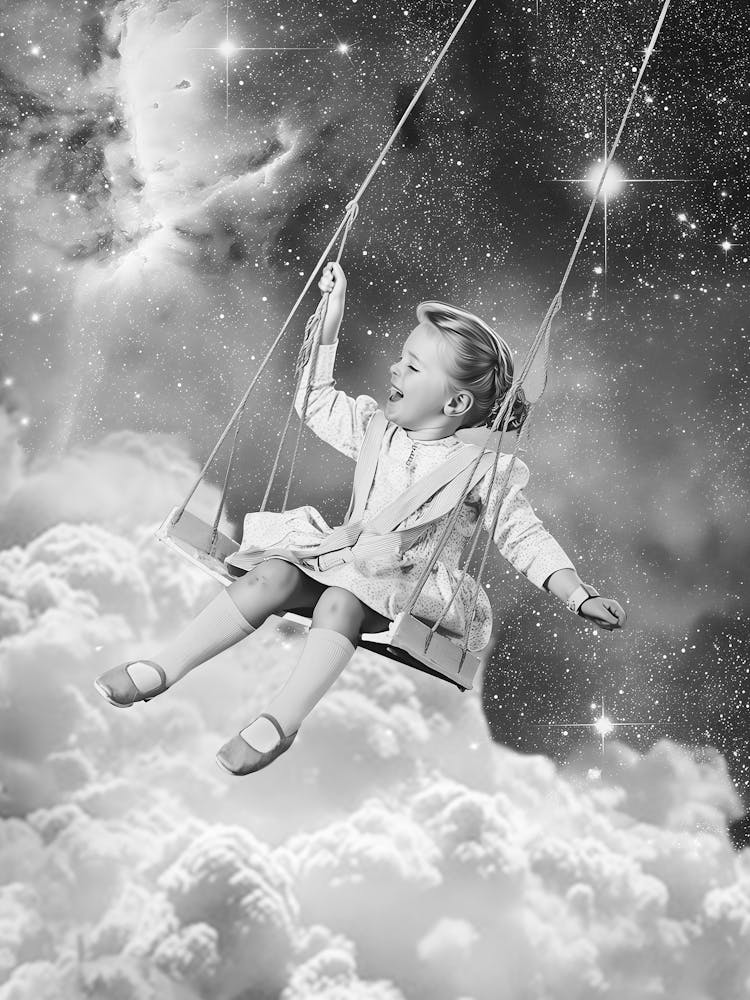 Little Girl Swinging In The Clouds