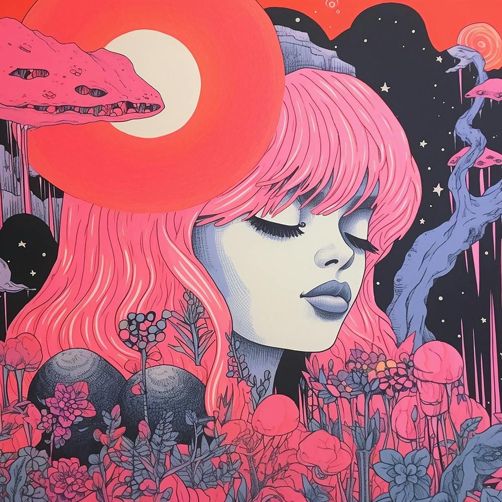 Ethereal Girl Surreal Risograph Illustration, Bubblegum Colours 4, Witch & Moon