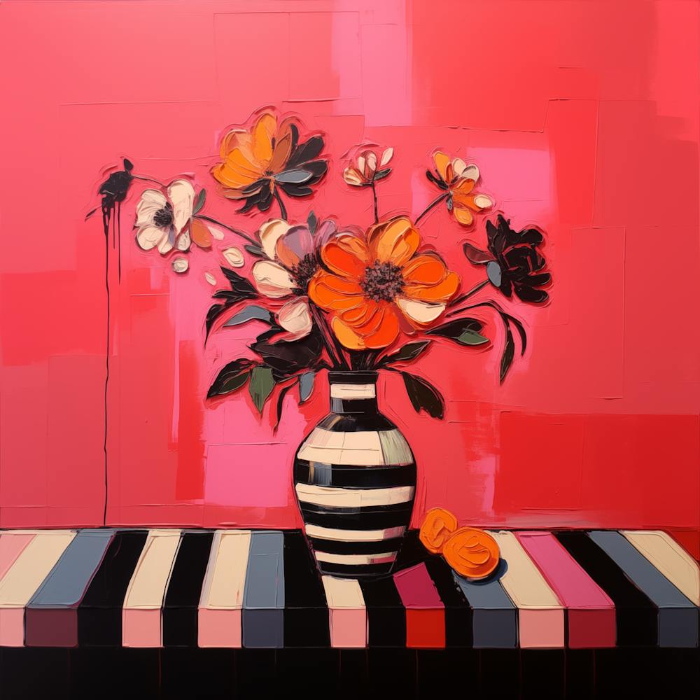 Stylised Bouquet of Flowers in a Striped Vase