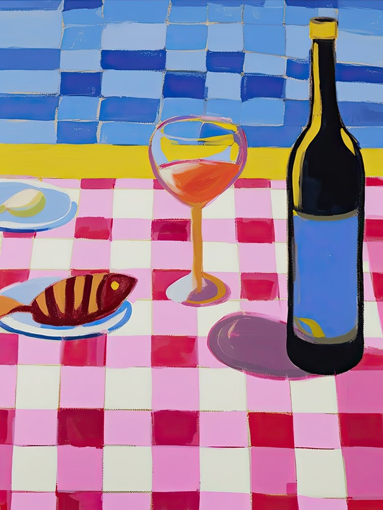 Painting Of A Table With Food And Wine, French Riviera View, Checkered Cloth, Matisse Style 8