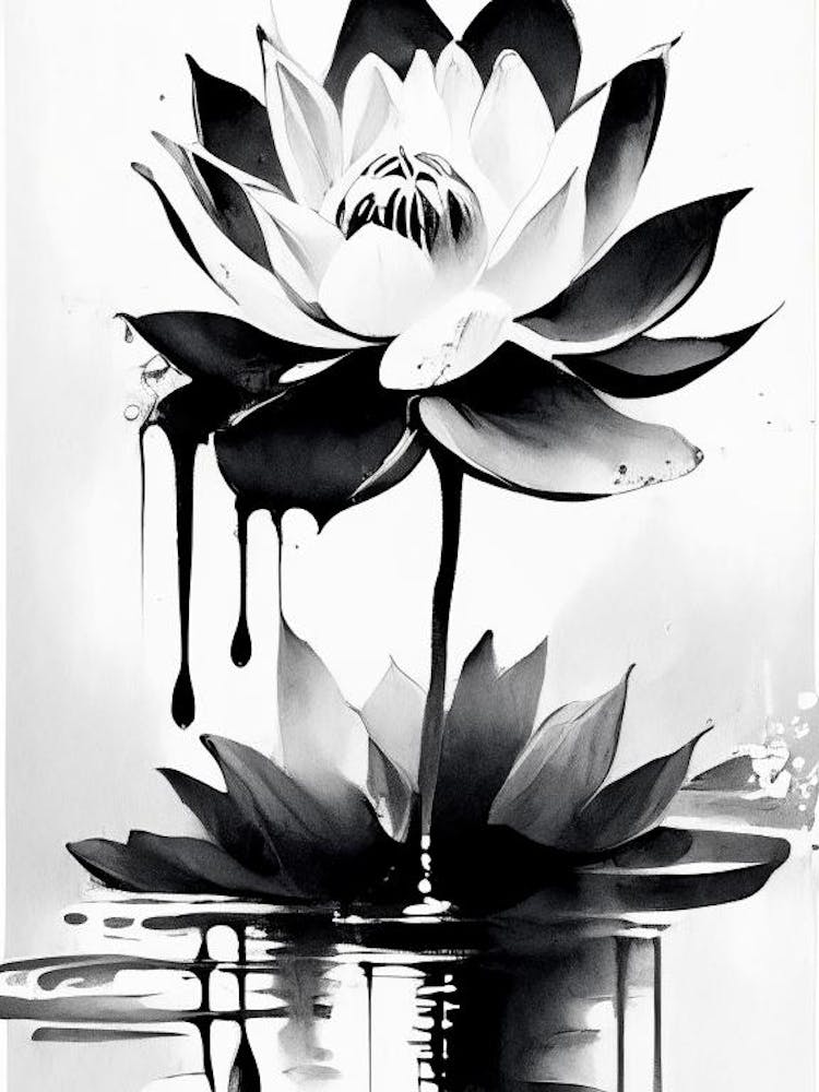 Lotus Flower And Water 1 Symbol Black And White Painting