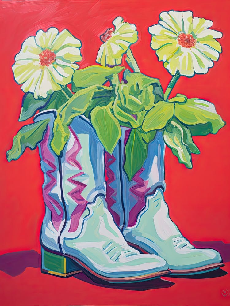 A Painting Of Cowboy Boots With Daisies Flowers, Fauvist Style, Still Life 3
