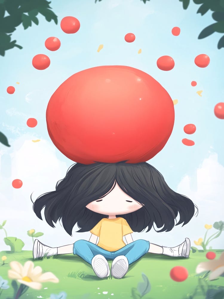 Fille Avec Une Grosse Balle Rouge Sur Sa Tête
