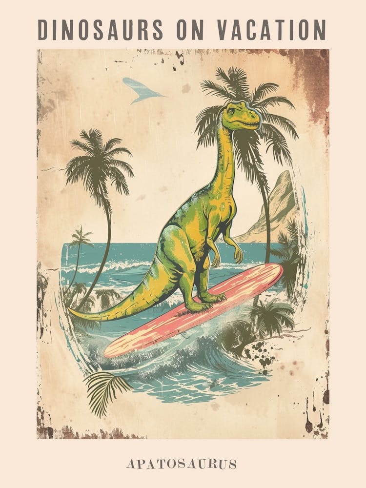 Vintage Apatosaurus Dinosaurier auf einem Surfbrett 2 Poster