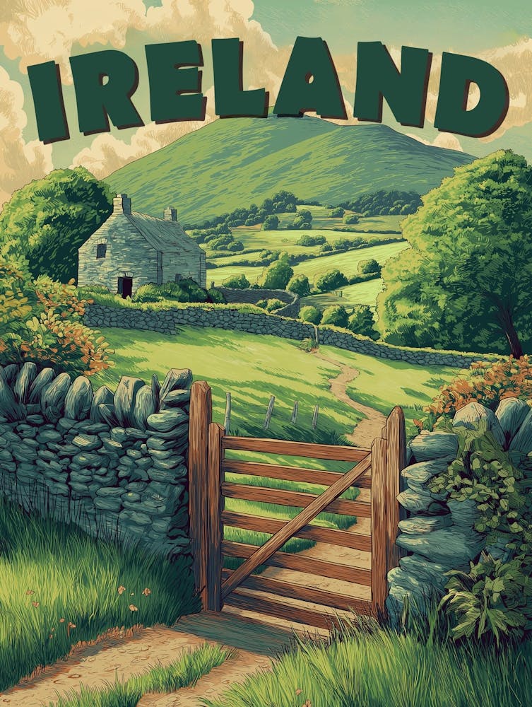 Vintage Ireland Poster – Rolling Hills & Stone Walls