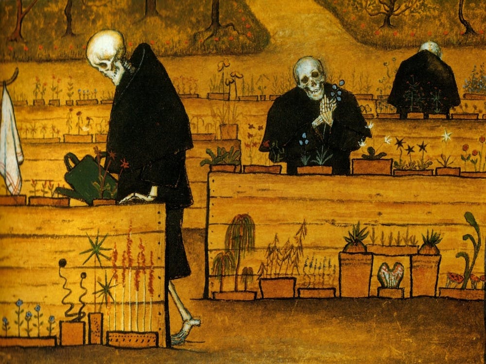 Garden of Death 1896 by Hugo Simberg ~ The Garden of Death (Finnish: Kuoleman puutarha; 1896) is a painting by Finnish symbolist painter Hugo Simberg. Like many of Simberg's paintings, it depicts a gloomy, otherworldly scene. The central figures are remin