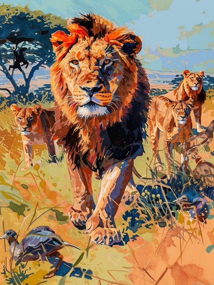 Southwest African Lion Interaction With Others Fauvist Painting 4