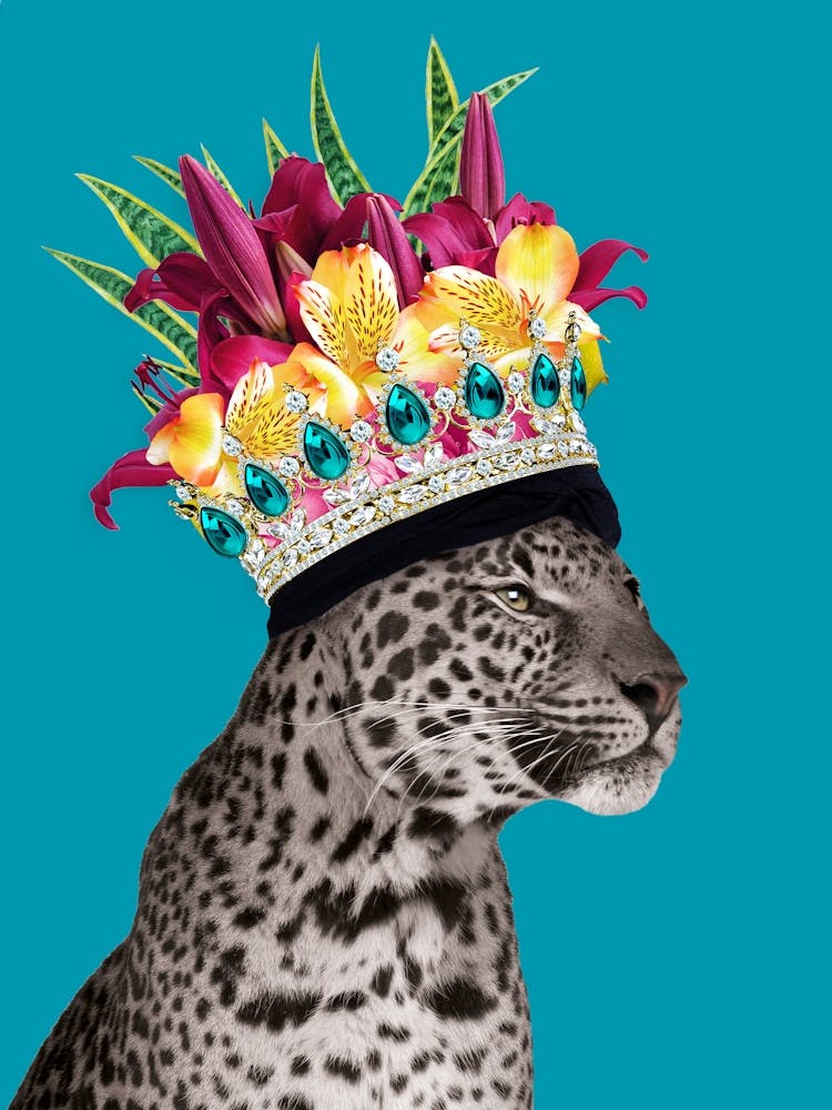 Royal Leopard Wearing Floral Crown In Blue