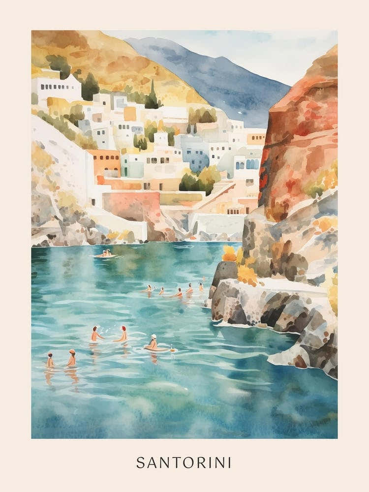 Swimming In Santorini Greece Watercolour Poster