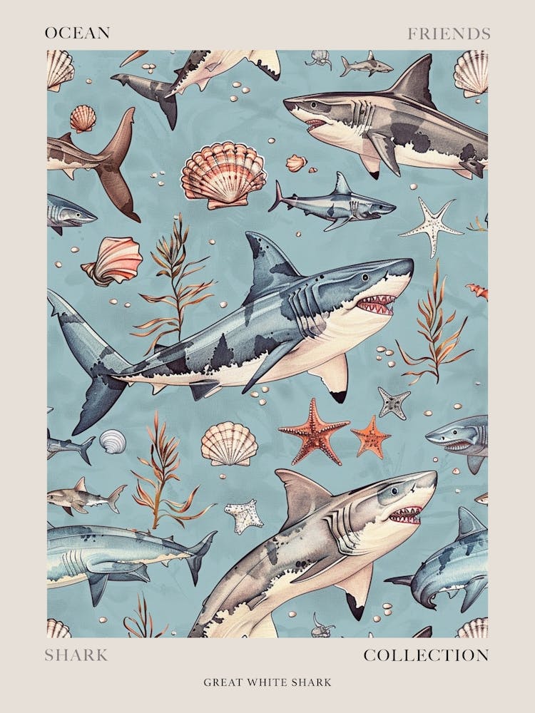 Pastel Blue Great White Shark Watercolour Seascape 3 Poster