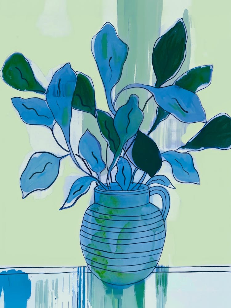 Blue Leaves In Green Vase. Botanical Acrylic Painting