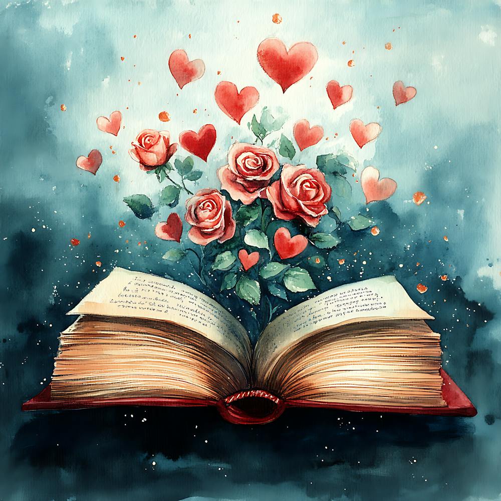 Watercolor Romantic Book Roses Hearts 12