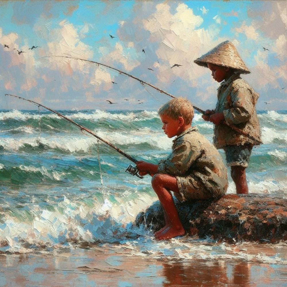 Zwei Jungen Angeln am Strand