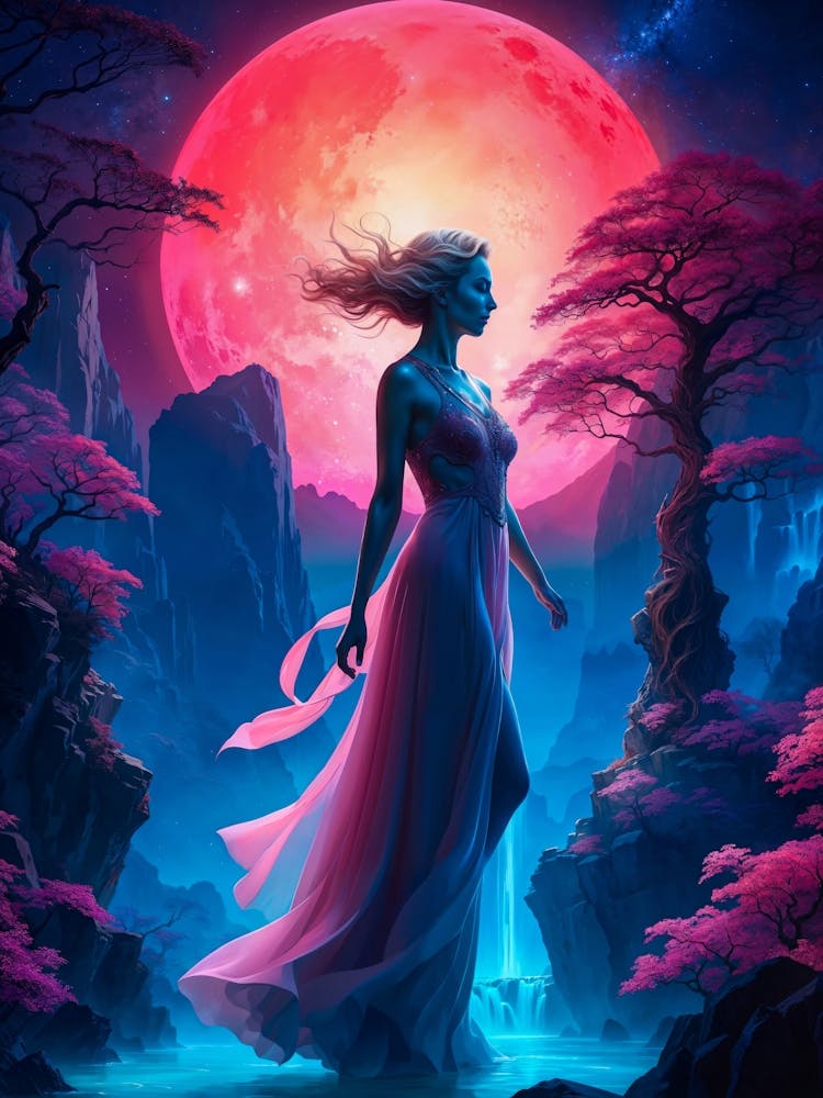 Beautiful Red Moon Lady: A beautiful girl in a long dress stands under a red moon in a neon Japanese landscape. Cherry trees and mountains adorn the night sky.